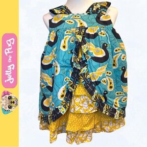 Jelly the Pug Girl Turquoise & Yellow Lilac Collection Olivia Ruffle Dress /Sz 4